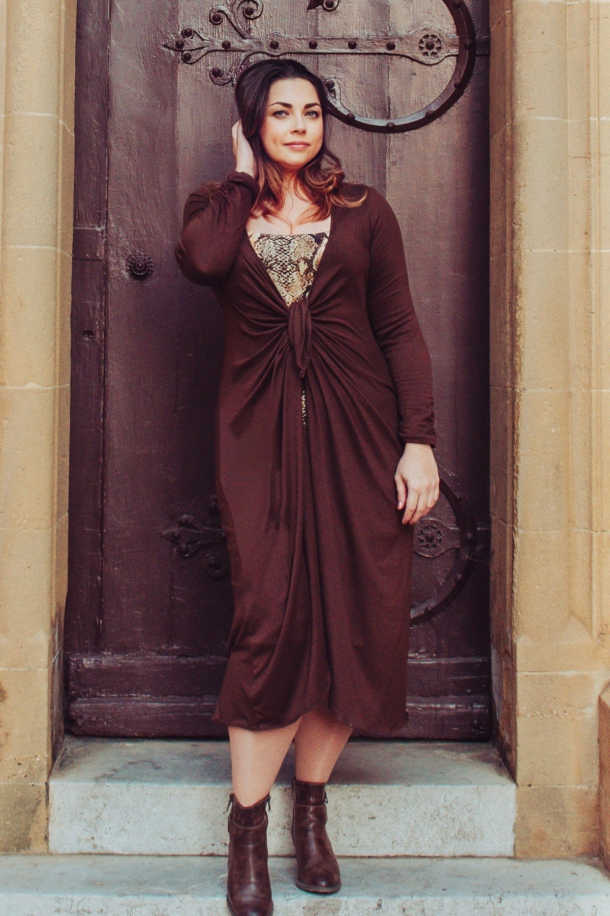 Duster Wrap Dress in Brown Brushed