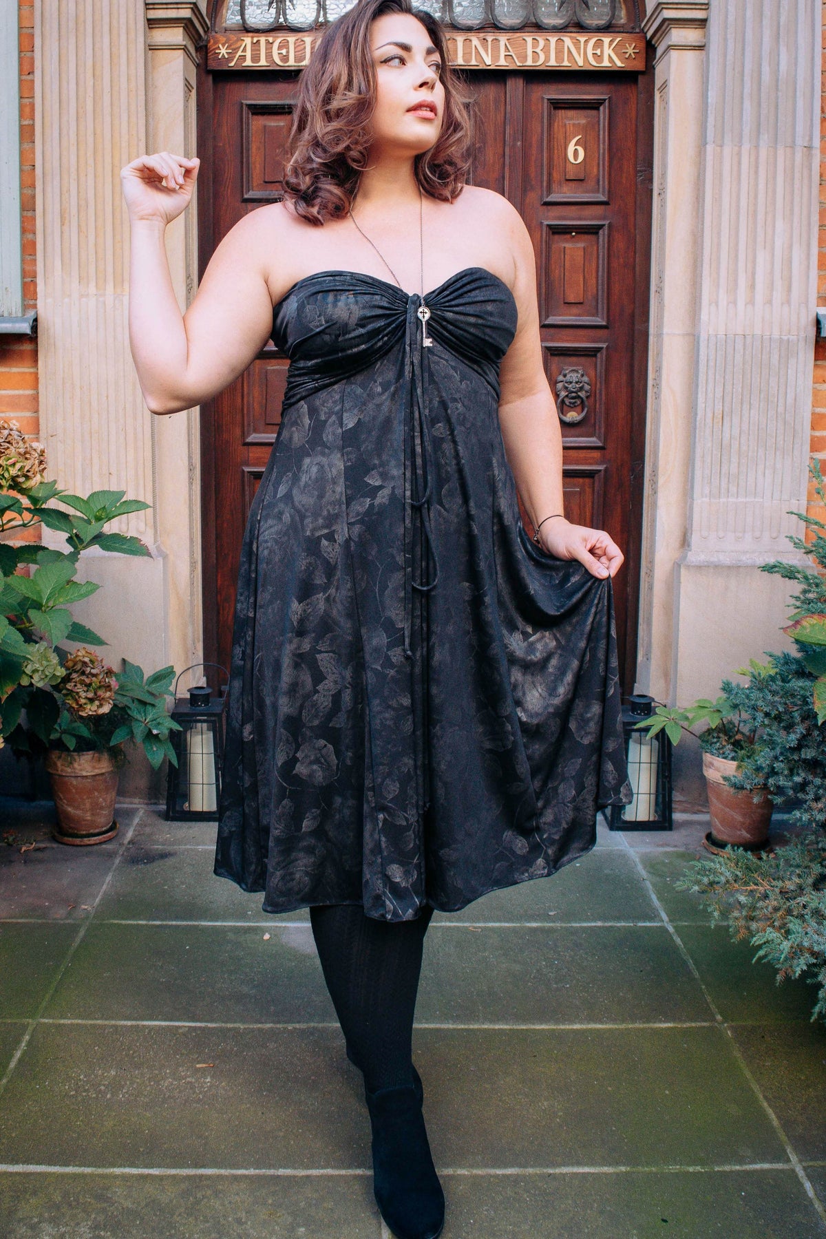 Bubble Dress in Foil Floral worn as strapless style dress